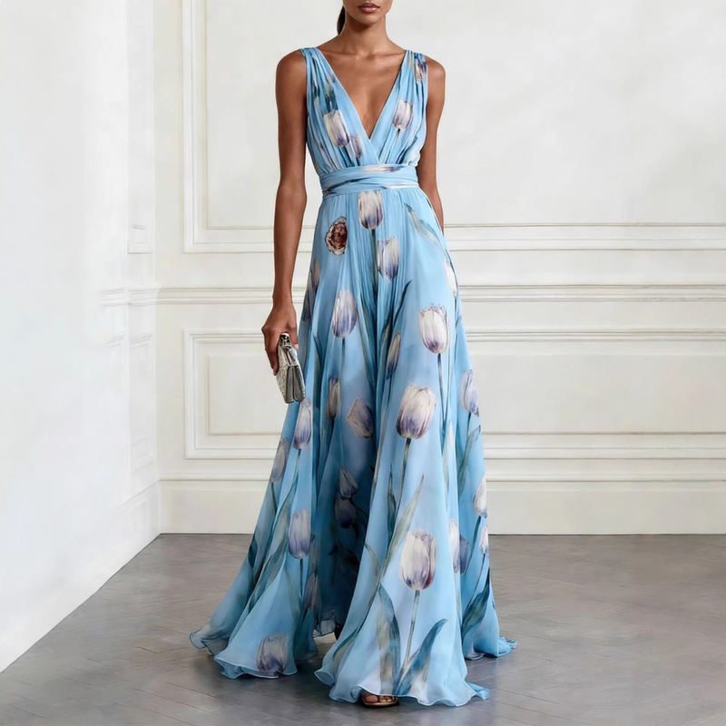 2026 European and American Cross-Border Independent Website New Tulip Print Evening Dress Women's Sleeveless V-Neck Chiffon Long Dress