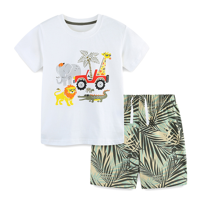 2026 set de niños de verano estilo europeo y americano impresión de mangas cortas para niños dos piezas set de capas de algodón para niños