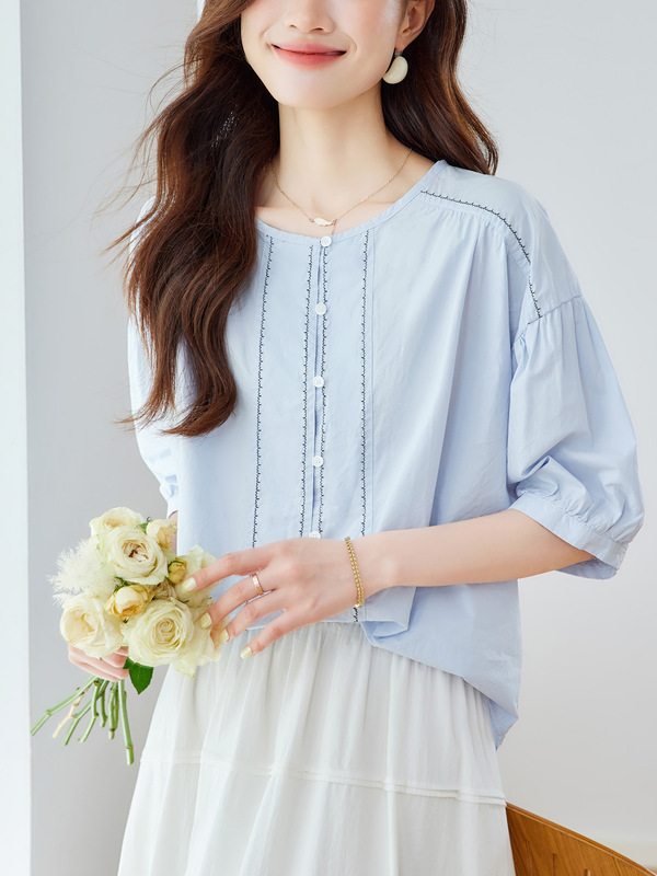 工場直販女性用トップステッチ刺繍フレンチシャツ25年夏新スタイルスリムラウンドネックカジュアルシャツ|undefined