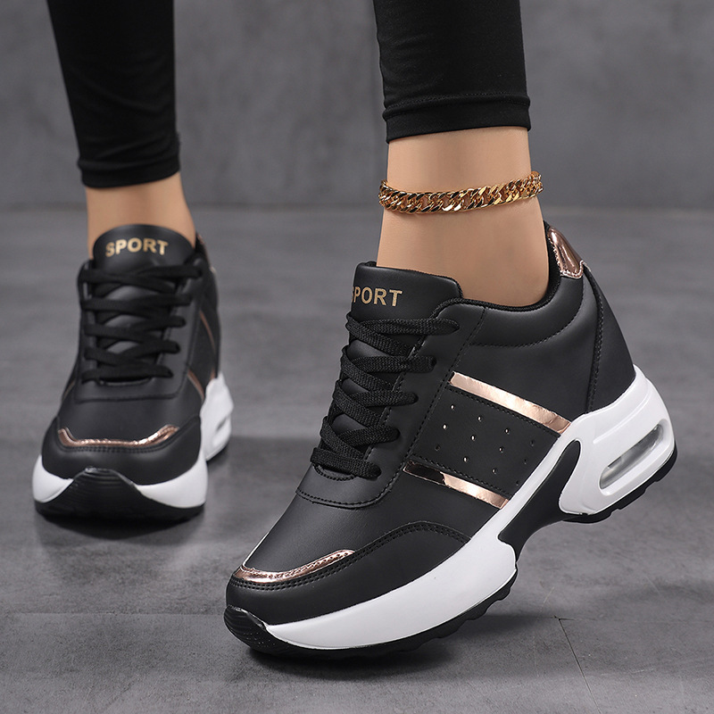 Cross-Border Shoe Factory Wholesale Large Size New Air Cushion Wedge Heel Thick Sole Inner Heightening Women's Shoes Leather Casual Sports Women's Shoes