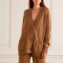 th~ row 2025年春秋季新款V领罗纹羊毛针织开衫女设计感小众上衣