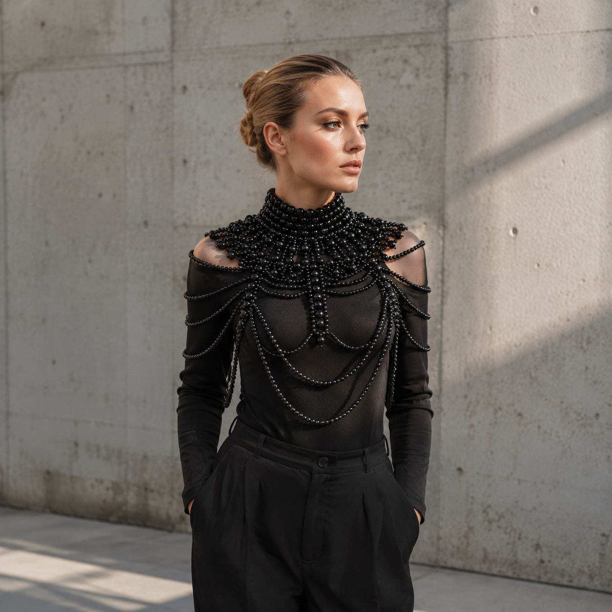 New European and American style jewelry necklace, hand-woven hollow pearl shawl chest chain, fan-shaped clothing accessory body chain