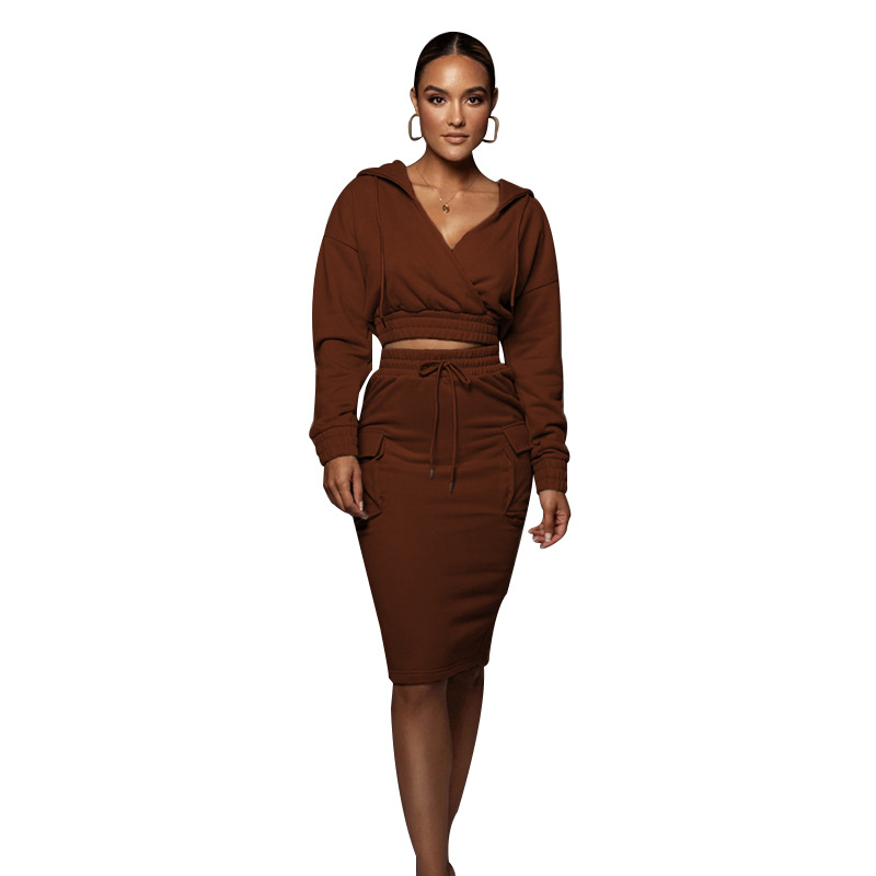 Women's Clothing 2024 autumn and winter solid color V neck hooded hip mid skirt women's urban casual long sleeved sweatshirt suit_voghion.com