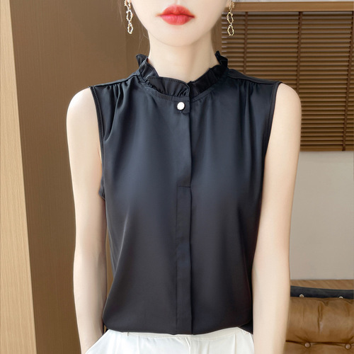 Women's silk chiffon mock neck camisole with mushroom edge, thin silk satin fabric, sleeveless blouse with floral edge for spring and summer.