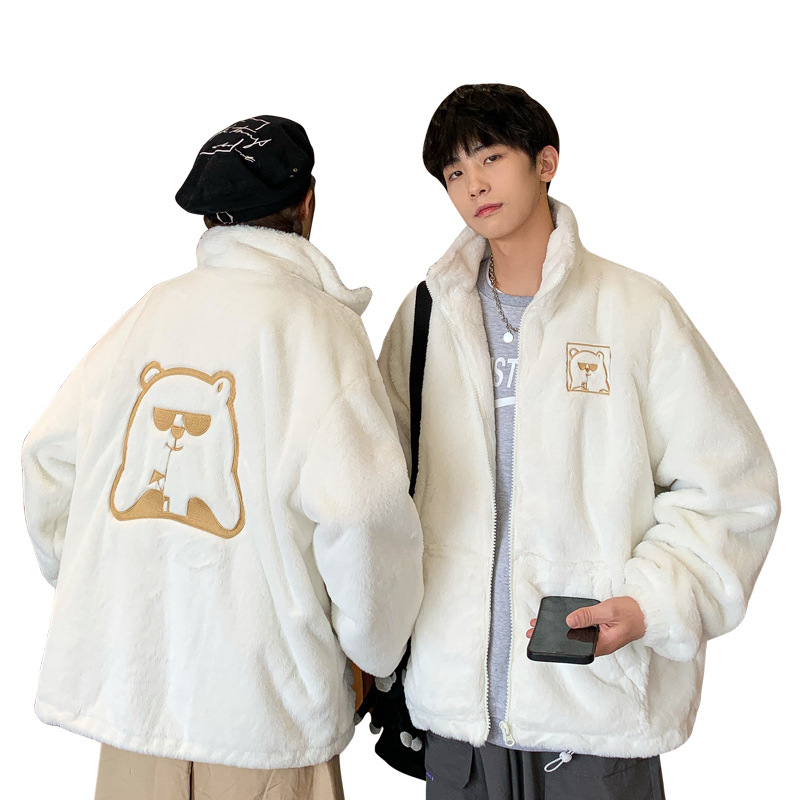 Autumn/Winter Faux Fur Jacket, Trendy Loose Fit, Thickened Couple Bear Embroidered Warm Coat M01