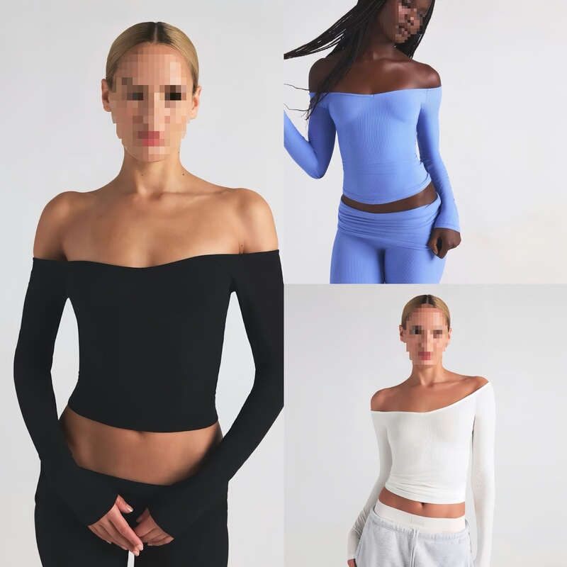 Sk Kardashian Soft Lounge Ribbed Stretch Solid Color One-Shoulder Long-Sleeved Top T-Shirt Base Shirt