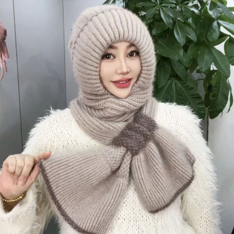 帽子とスカーフが一体化した女性の新しい秋冬ニット防風帽子、暖かいプラスベルベットママファッション耳保護ウール帽子|undefined