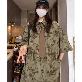 日式复古碎花翻领正肩短袖衬衫男女夏季韩系休闲宽松显瘦开衫衬衣