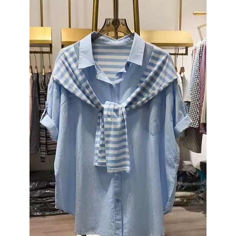 Plus Size 100kg Fashionable Fresh Style Fake Two-Piece Striped Shawl Rolled Cuff Sleeve Shirt for Women, Summer Korean Style Slimming Top