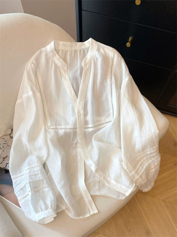 法式设计感镂空V领亚麻长袖衬衫男女夏季时尚通勤百搭宽松上衣潮|undefined