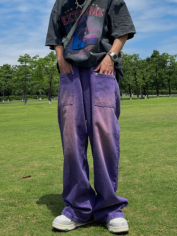 2023 Spring New Purple Jeans Men's High Street Trendy Brand Street Hip Hop Retro Straight Wide Leg Loose Pants
