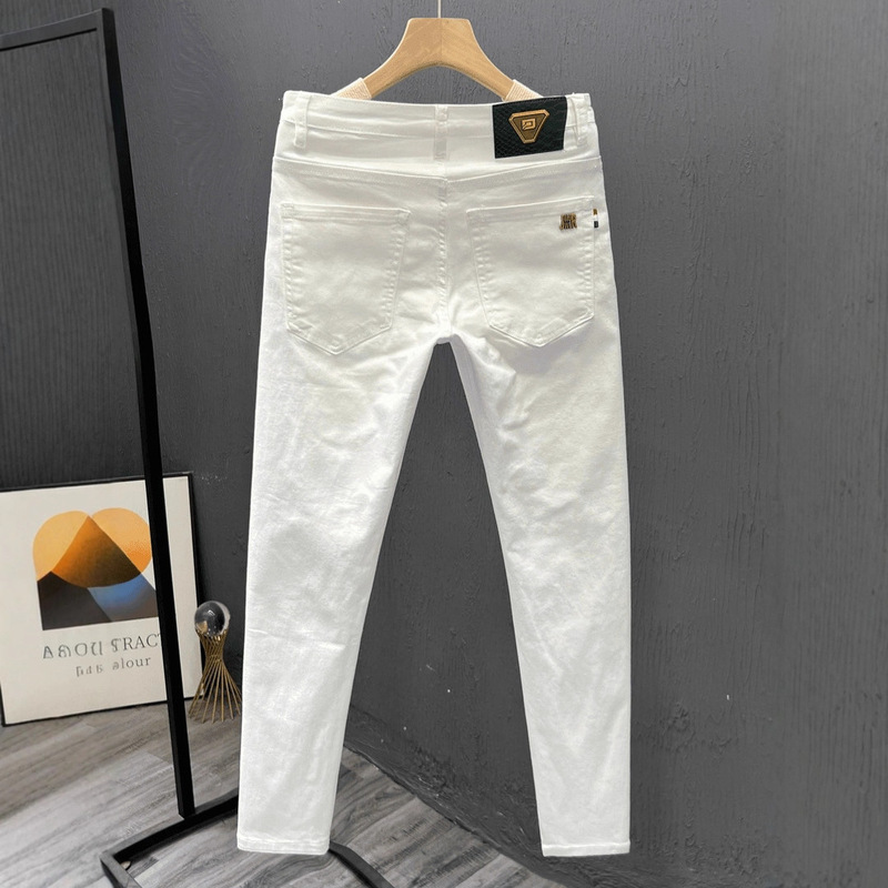 Men's White Jeans Autumn New European Style Light Luxury Casual Pants Stretch Washed Slim Fit Tapered Pants