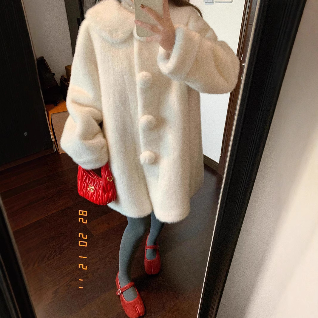 中古雪球皮毛一体仿水貂毛毛球环保皮草外套女冬高级感毛茸茸上衣