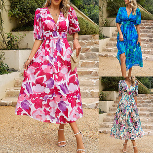 Cross-border foreign trade European and American women's clothing Amazon 2025 summer short-sleeved temperament waist V-neck chiffon printed dress