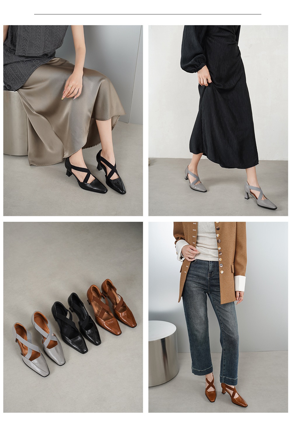 Sandal cao gót nữ da cừu mũi trùm cổ điển, gót vuông ổn định, quai thun co giãn — đen chi tiết 2
