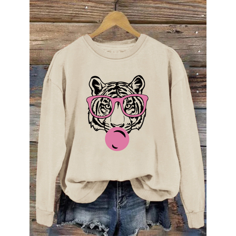 Tiger  print sweatshirt, crew neck casual sweatshirt for win