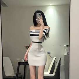 韩系性感条纹一字肩短袖连衣裙女夏季高级感气质修身露肩包臀裙子