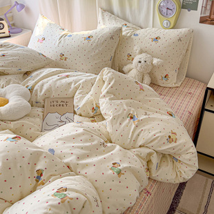 Class a 40 cotton four-piece set ins wind cartoon cotton bed hat single quilt cover four-piece set Nantong home textile dormitory