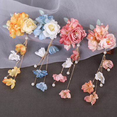 Hanfu fairy princess dance silk flowers hair hairpin for women girls embroidered female antique flower edge clip costume deserve to act the role of children headdress tassel hairpin