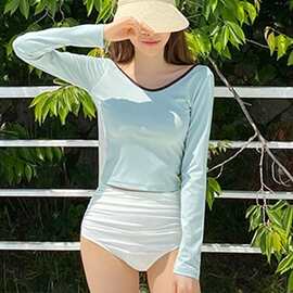 简约淑女2025韩国新款温泉长袖防晒时尚纯色高腰遮肚分体泳衣女
