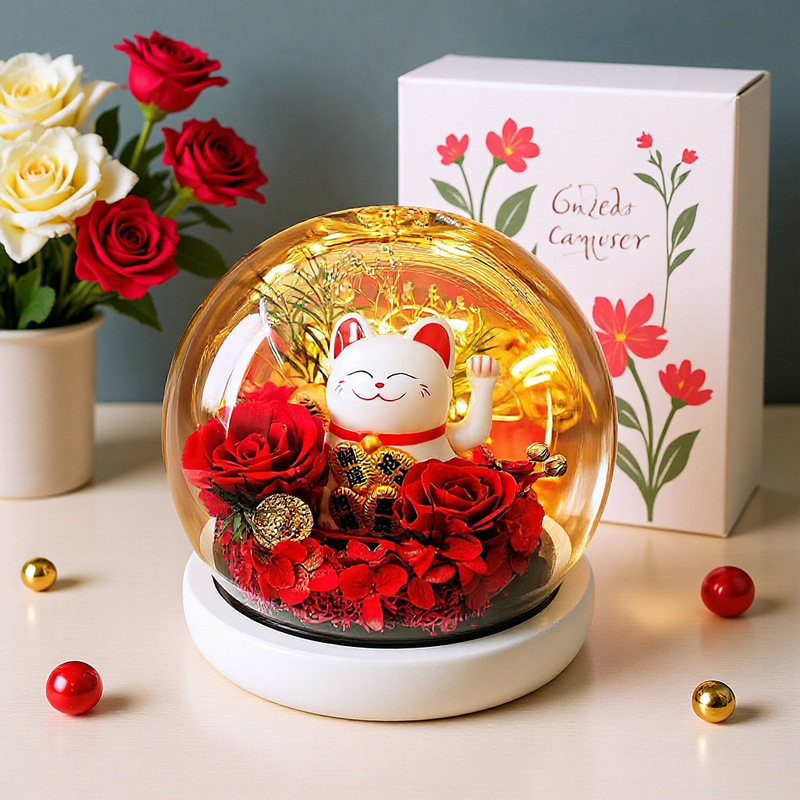 招财猫永生花摆件礼品情人节创意礼物玻璃罩玫瑰花生日礼物送闺蜜|undefined