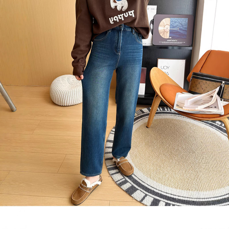 The Most Popular Item in the Store! Warm, Thick Fleece Four-Way Stretch Baguette Pants for Women, Winter Hip-Slimming and Slimming Nine-Point Straight-Leg Jeans