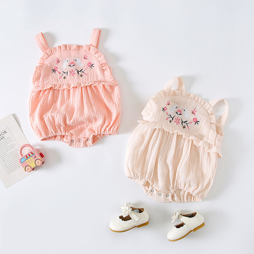 Korean version of girls newborn cotton sling embroidered harem ins summer infant and toddler versatile casual jumpsuit triangle crawl