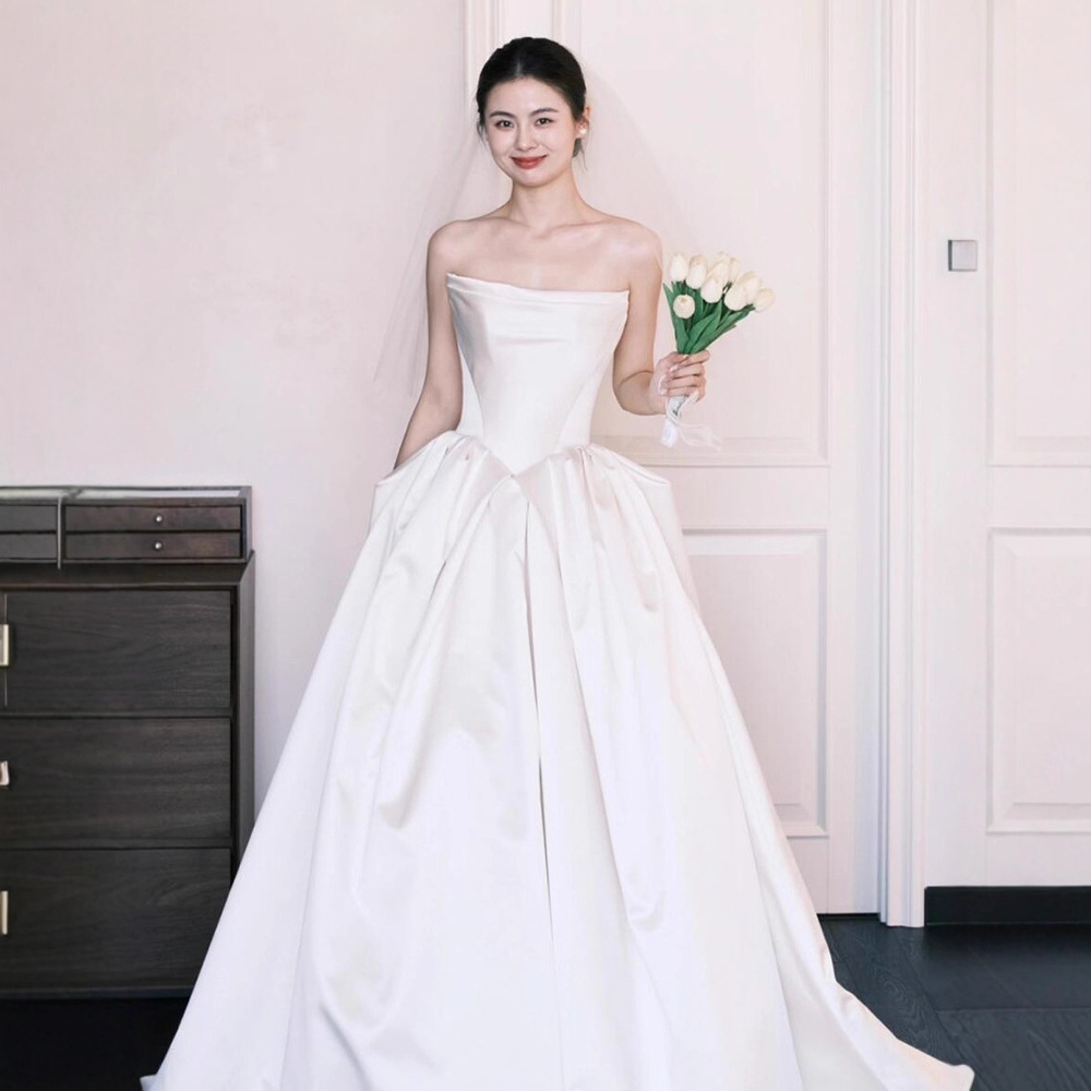 French Retro Light Wedding Dress Tube Top Satin High-end Bride White Dress Engagement Welcome Trailing Out-door Yarn for Women