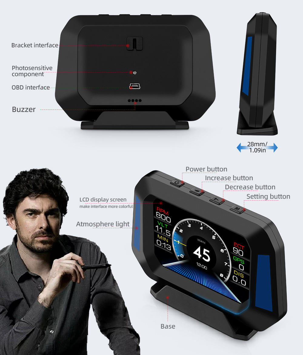 Cross-border car HUD head-up display LCD OBD multi-function water temperature fuel consumption GPS inclinometer speedometer P21
