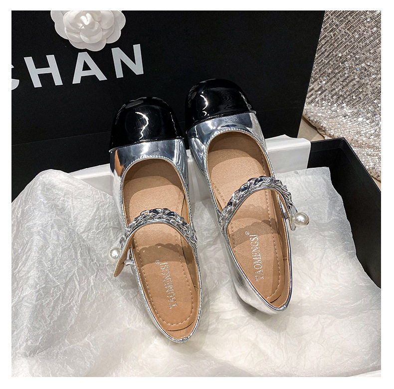 Giày Mary Jane nữ mũi vuông đế bằng phối màu ngọc trai, gót thấp 1–3 cm — Bạc phối đen, Đen bạc, Đen trắng chi tiết 44