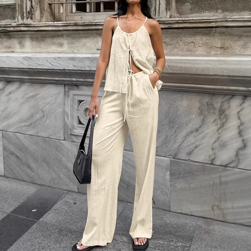 Amazon Shein Hot-Selling Sleeveless Tie-Up Vest Top and Long Pants Casual Vacation Fashion European and American Cross-Border Set Amazon Shein Hot-Selling Sleeveless Tie-Up Vest Top and Long Pants Casual Vacation Fashion European and American Cross-Border Set