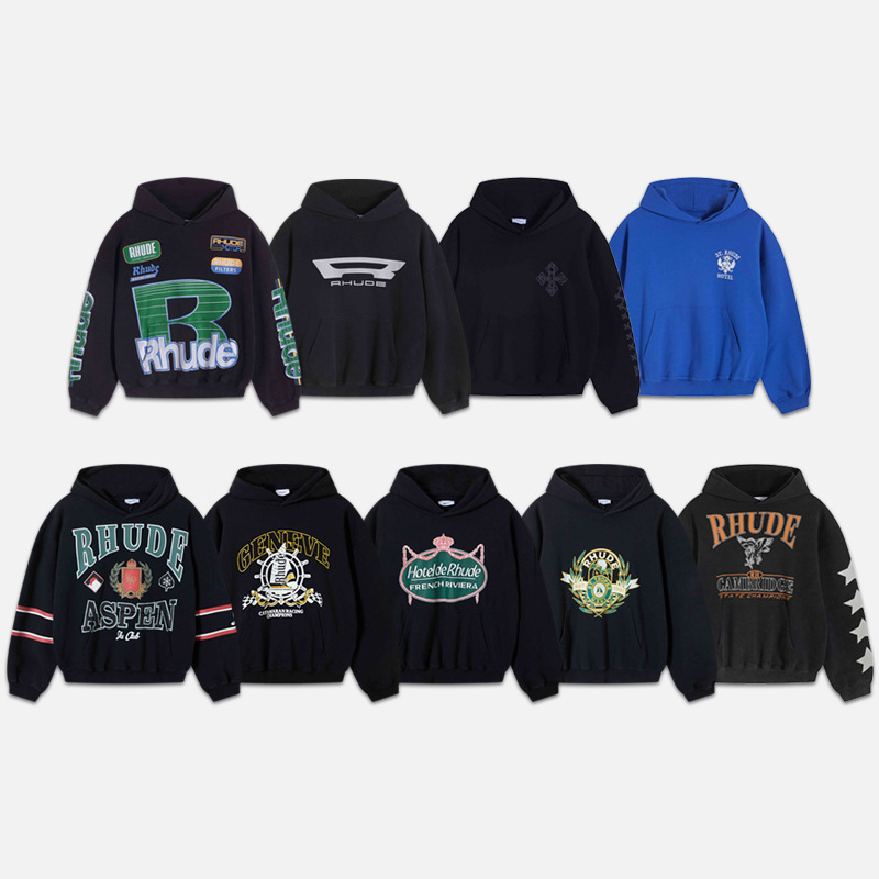 Cross-border Rhude Series Micro-stamp Printed American Style High Street Trendy Hoodie Men's and Women's Loose Pure Cotton Hooded Sweater