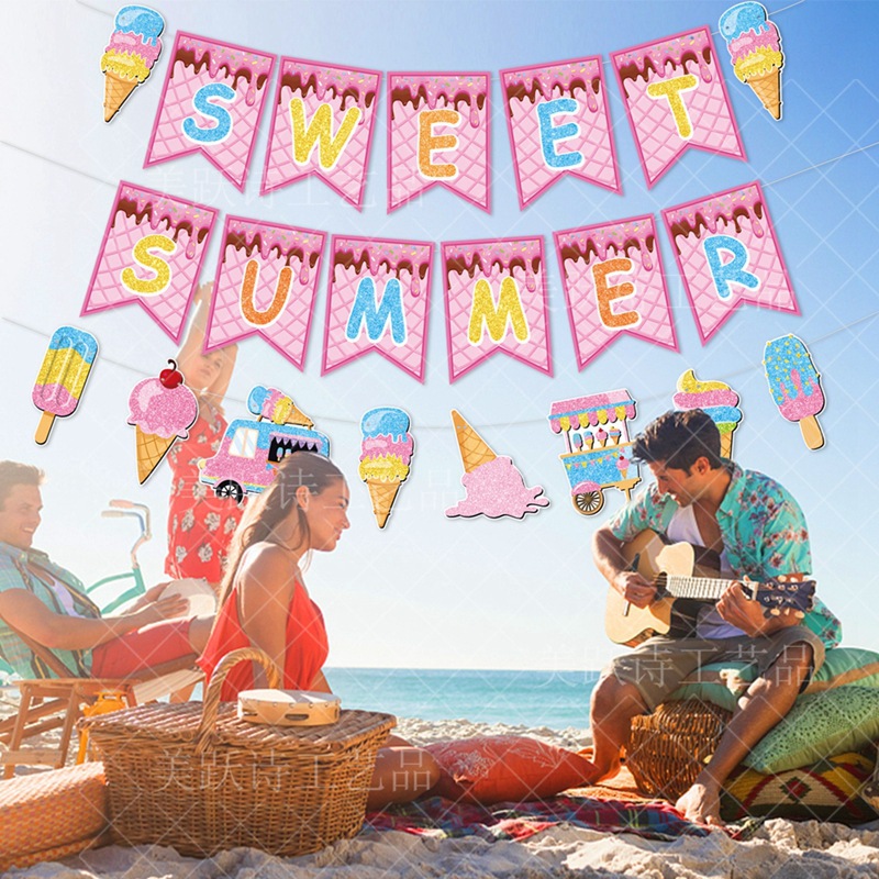 Decoración de fiesta de verano transfronteriza, bandera, decoración de playa tropical hawaiana, bandera, bandera, decoración colgante, flor