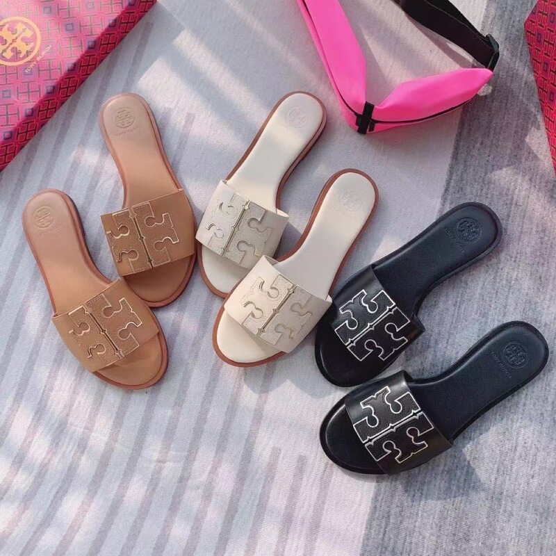 2026 Summer Tb One-Piece Slip-On Slippers That Are Comfortable for Feet, Genuine Leather Soft Surface, Casual Beach Slippers, Flat Non-Slip Lightweight