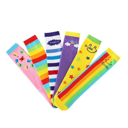  spring and autumn new style rainbow striped children's mid-calf socks, cotton knee-high socks, high socks for boys and girls