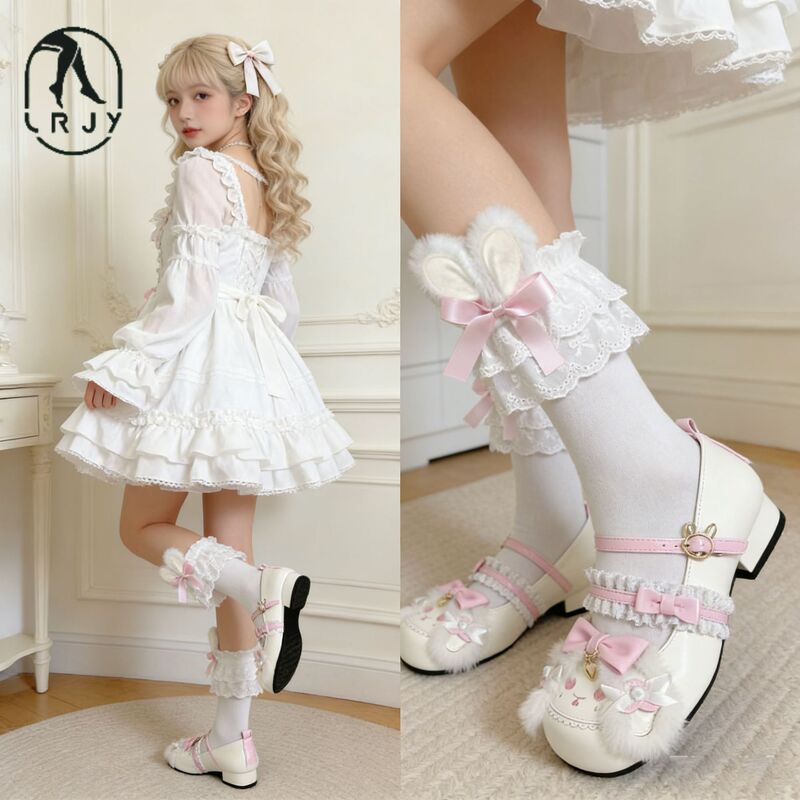 Japanese-Style Cute Bowknot 3D Bunny Ear Mid-Calf Socks New College Style Lace Lolita Slouch Socks for Women