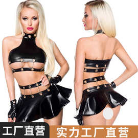 2023年黑色漆皮欧美性感制服套装皮质短裙夜店表演服装