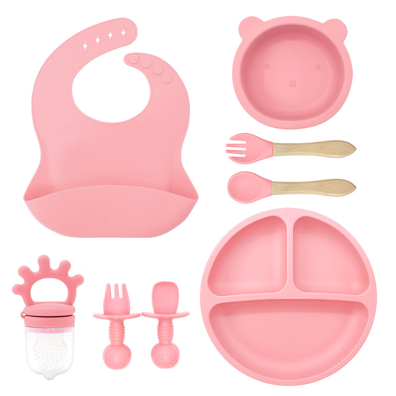 Set de ocho piezas (bazo + ventosa pequeña + cuenco de oso pequeño + crown bite + cuchara de tenedor de madera + cuchara de tenedor de oso pequeño) rosa