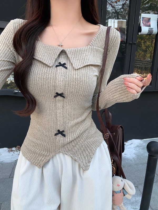 甜美洋气蝴蝶结chic方领打底上衣女秋季新款褶皱显瘦短款长袖T恤|undefined