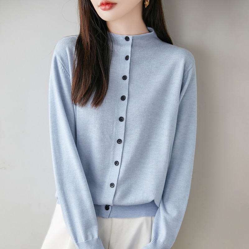 Korean Light Blue Half Turtleneck Knitted Cardigan for Women in Autumn and Winter New Loose Long-Sleeved Inner Bottoming Top Slimming Look Jacket