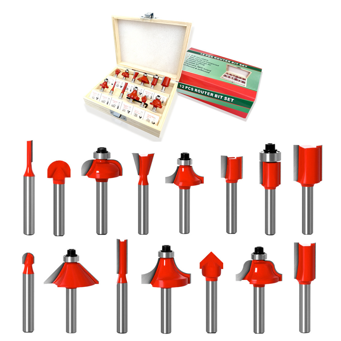 15pcs  1/4柄木工铣刀木盒套装红色木工雕刻机电木铣/修边机刀头