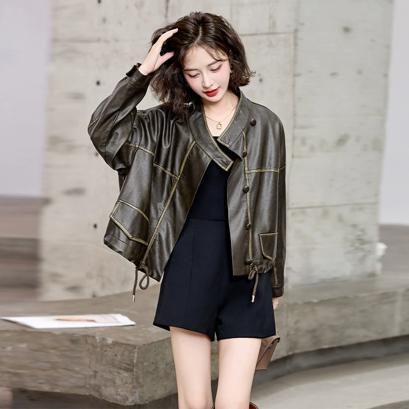 Autumn short polyurethane jacket, drawstring, high-quality style