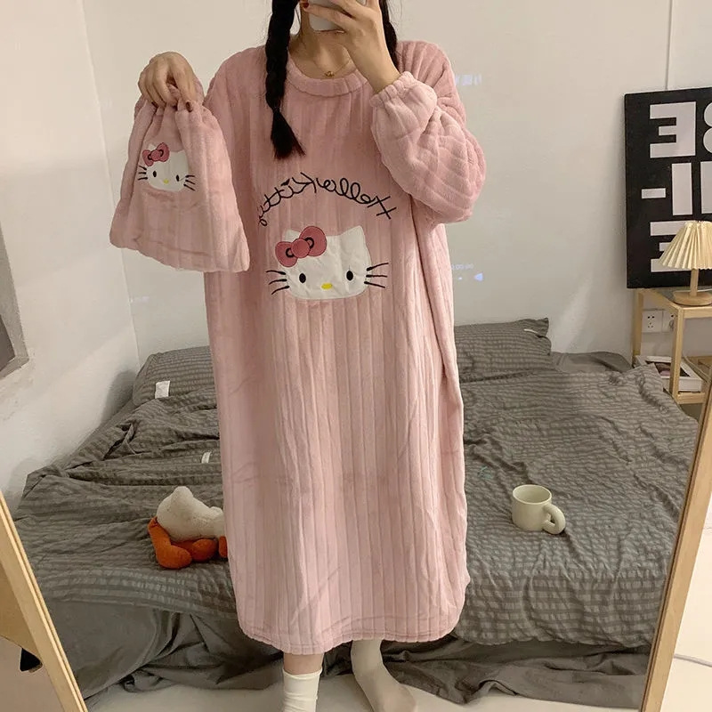 Otoño y invierno pijamas de mujer con bolsas de tela pijamas de franela caliente cuello redondo dulce camisa de coral ropa para el hogar