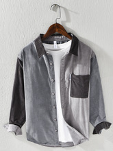 春秋拼接拼色灯芯绒长袖衬衫男潮百搭休闲上衣宽松撞色棉衬衣C609