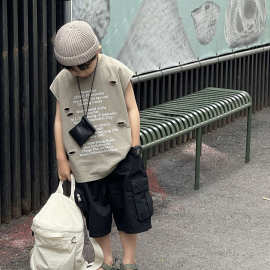 24夏新款中小童男童韩国童装字母印花做旧破洞水洗双纱棉无袖背心