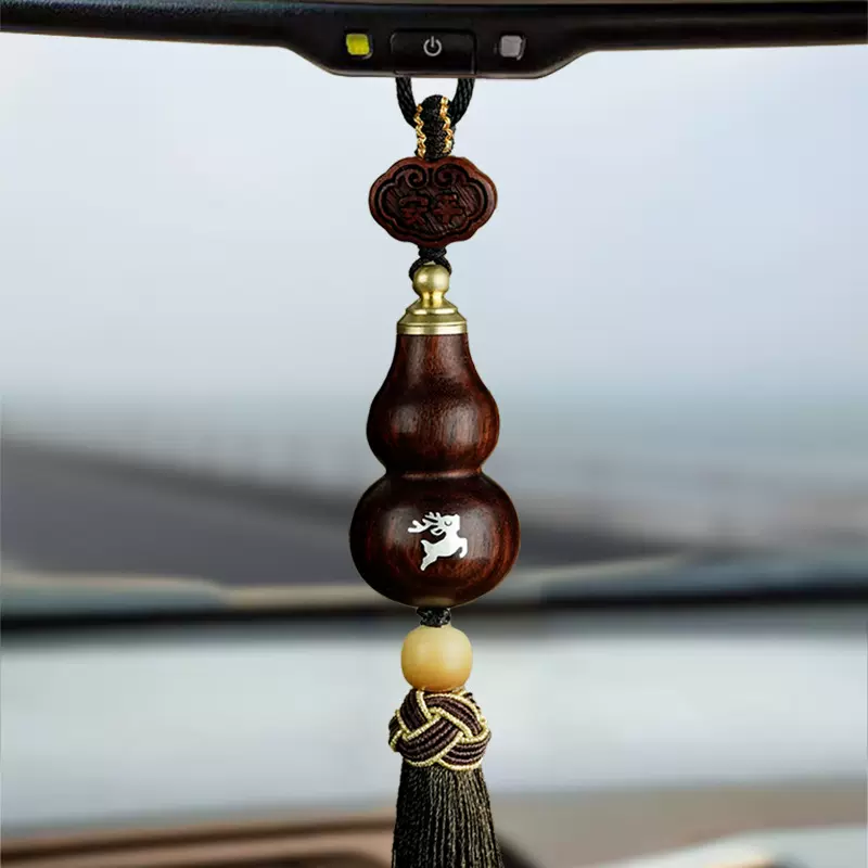 血檀葫芦木镶银一鹿平安汽车挂件挂饰镶嵌国风生肖八大守护神吊坠