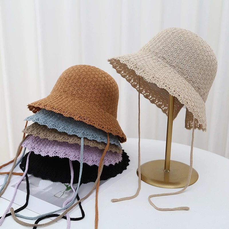 Летний взрослый вязаный кружевной шапка с веревкой, дикая повседневная шапка купол широкополый солнцезащитный солнцезащитный шапка