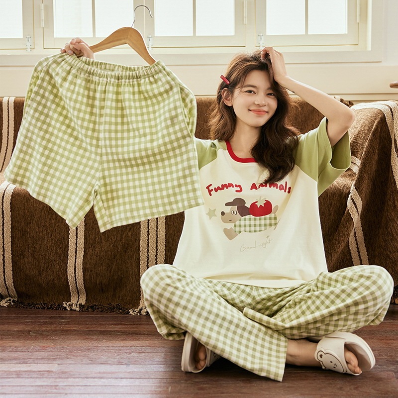 女性用パジャマ3点セット、胸パッド付き夏スタイル、純綿夏半袖ショーツ、ズボン、漫画かわいいストライプホーム服|undefined