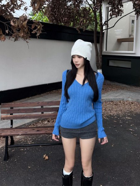 美式辣妹蓝色麻花V领毛衣女秋冬2025新款内搭针织打底衫修身上衣|undefined