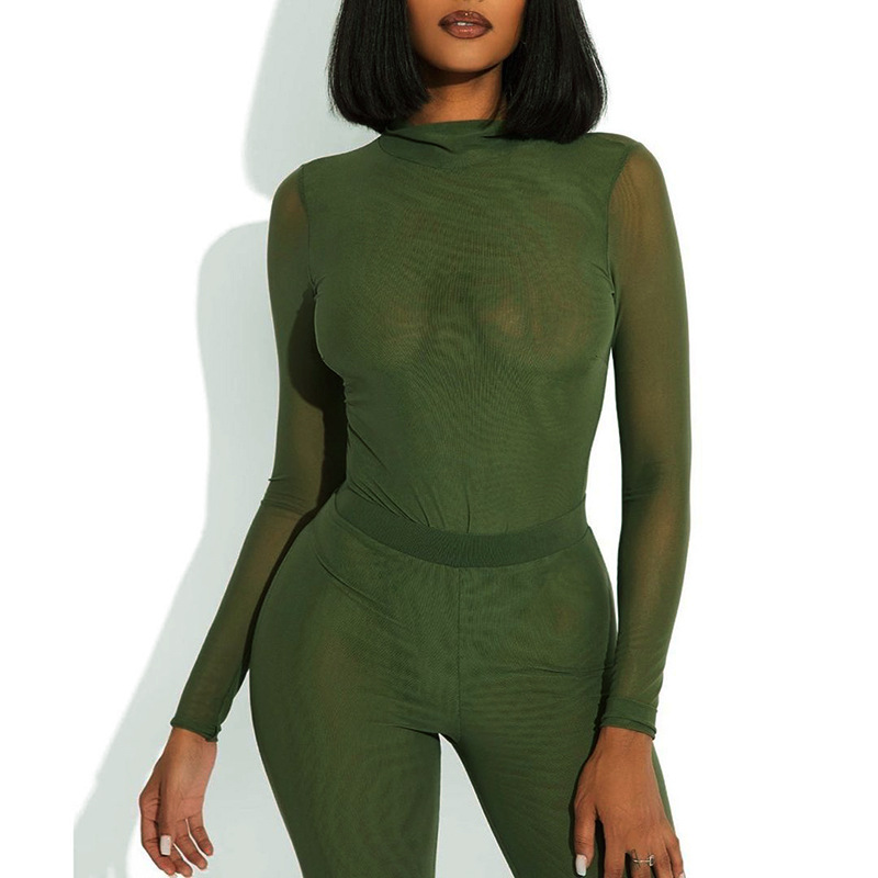 round neck long-sleeved tight solid color one-piece top and pant set NSCBB119445